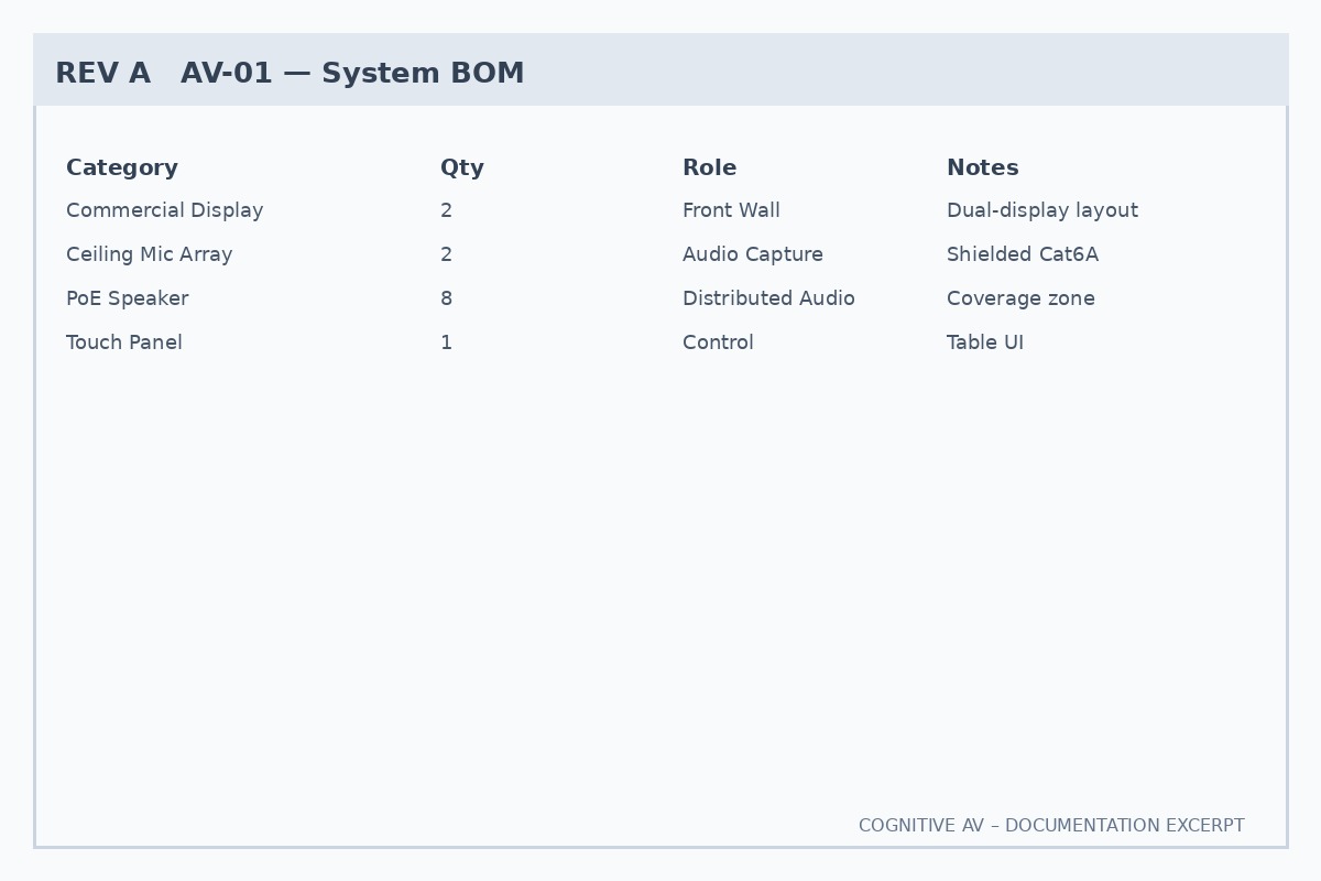Illustrative Cognitive AV system bill of materials excerpt