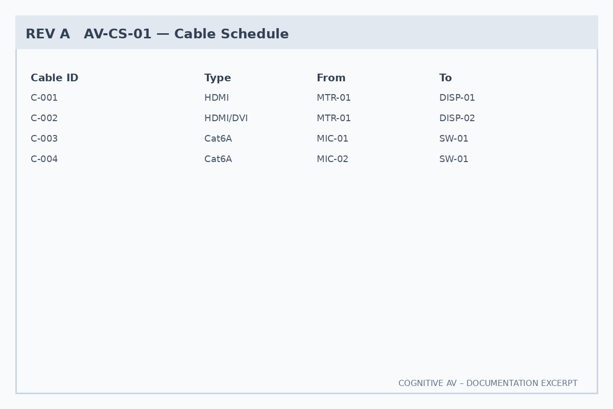 Illustrative Cognitive AV cable schedule excerpt